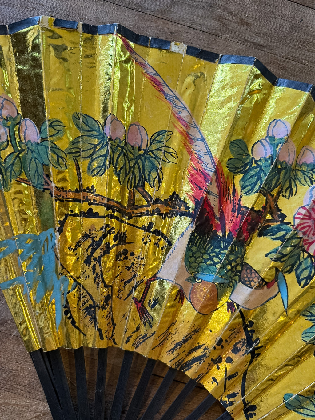 Hand Painted Japan Gold Fan with Birds 16"