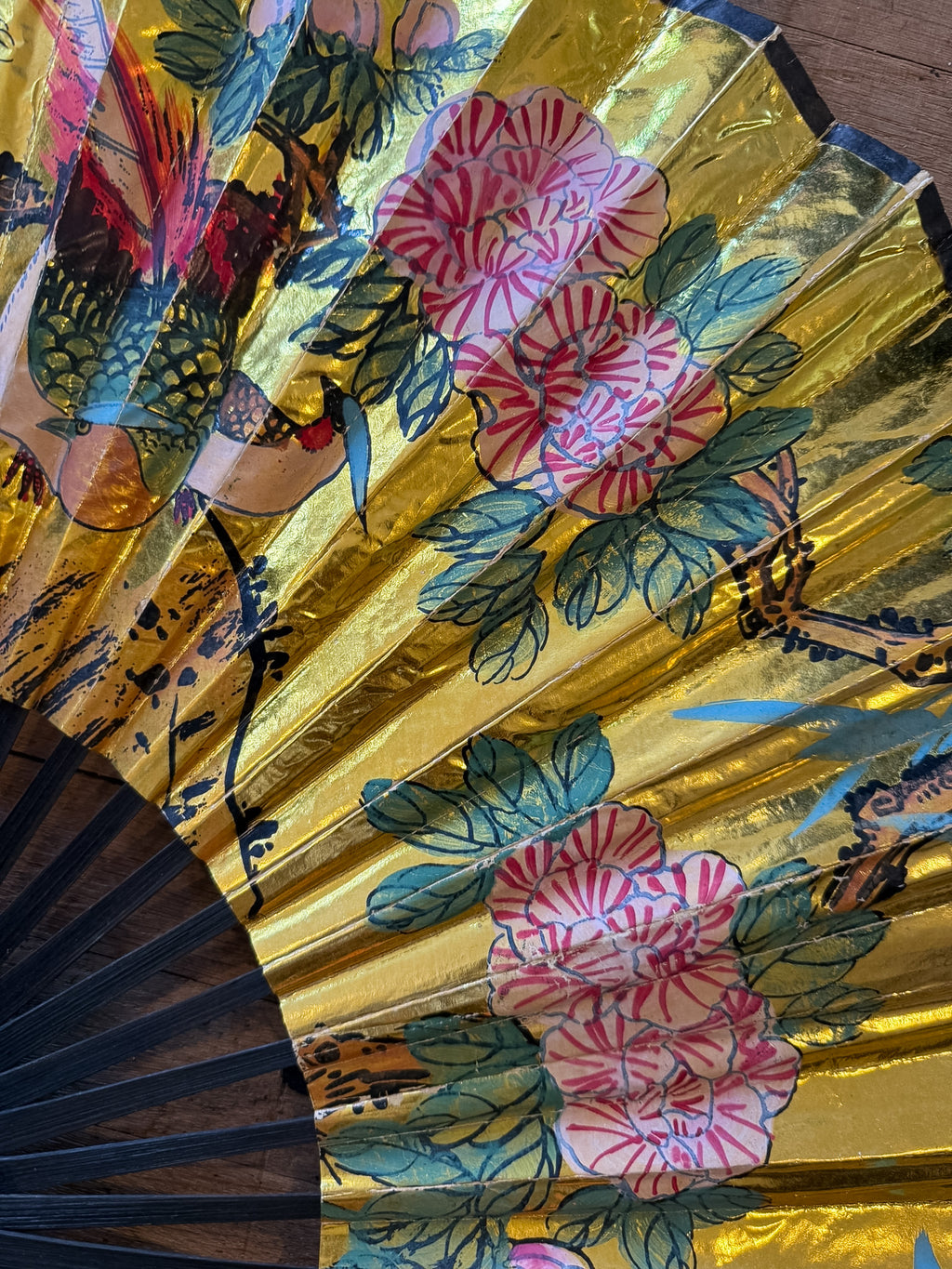 Hand Painted Japan Gold Fan with Birds 16"