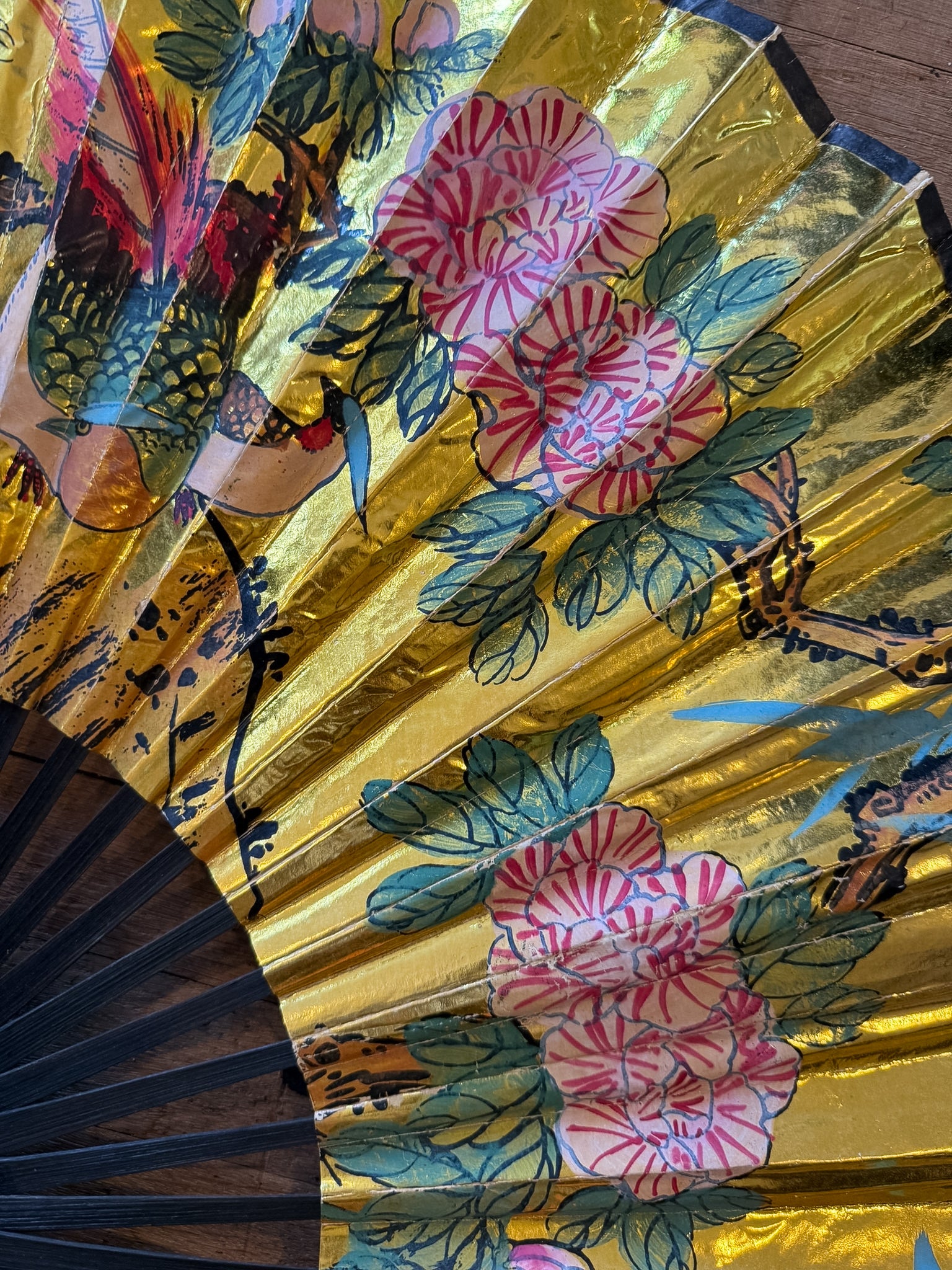Hand Painted Japan Gold Fan with Birds 16"