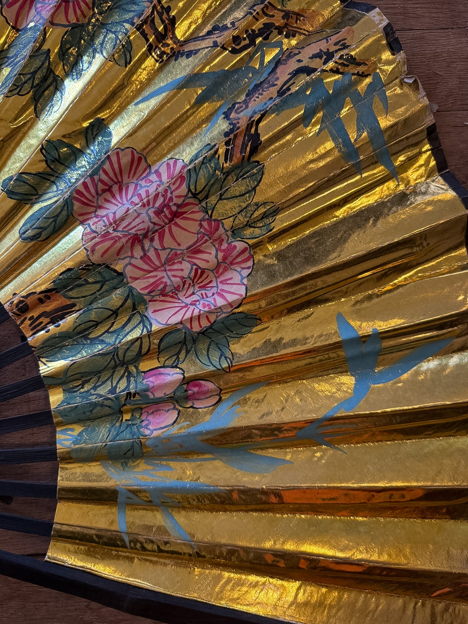 Hand Painted Japan Gold Fan with Birds 16"