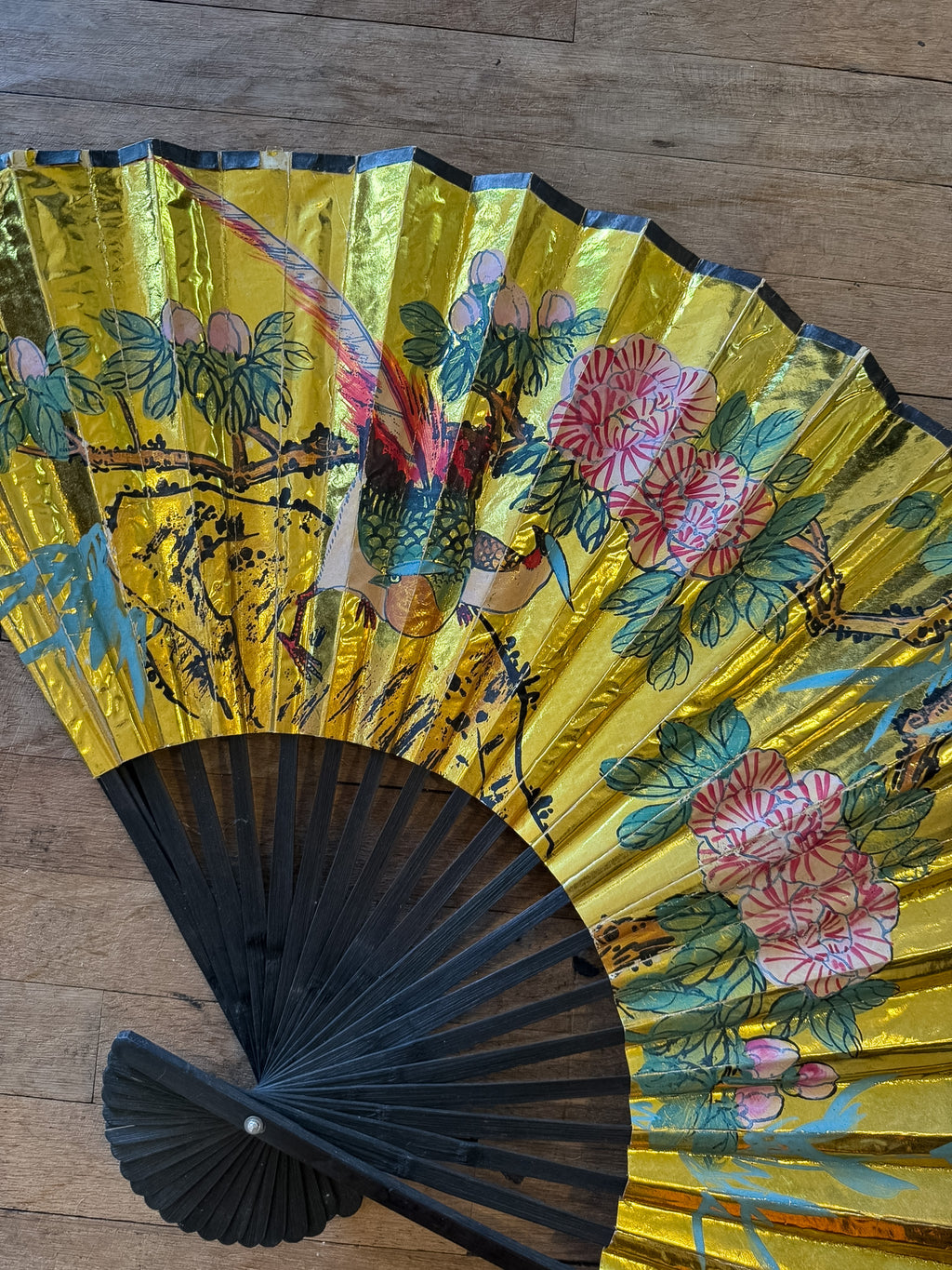 Hand Painted Japan Gold Fan with Birds 16"