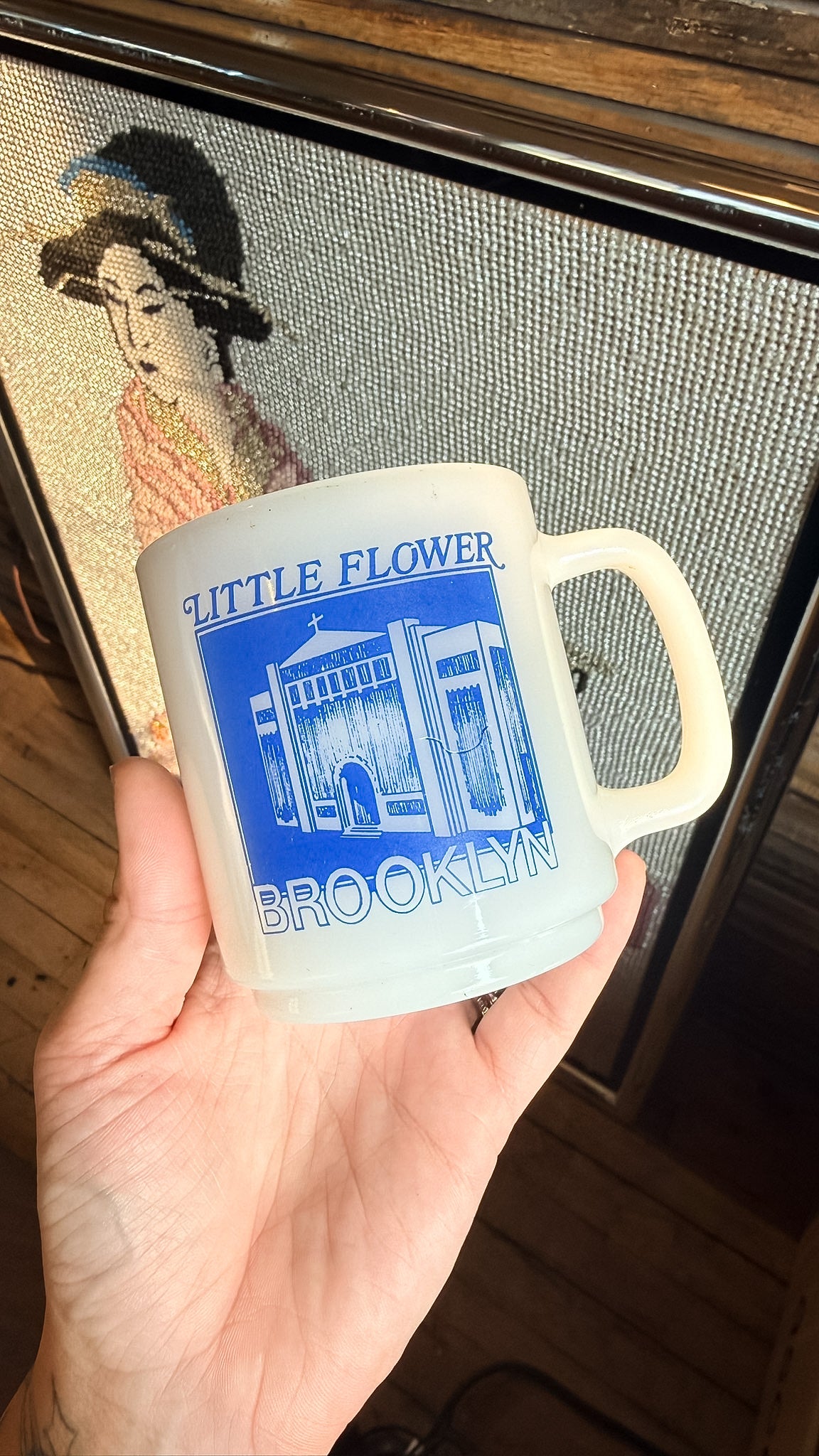 Vintage Brooklyn Church Milk Glass Mug