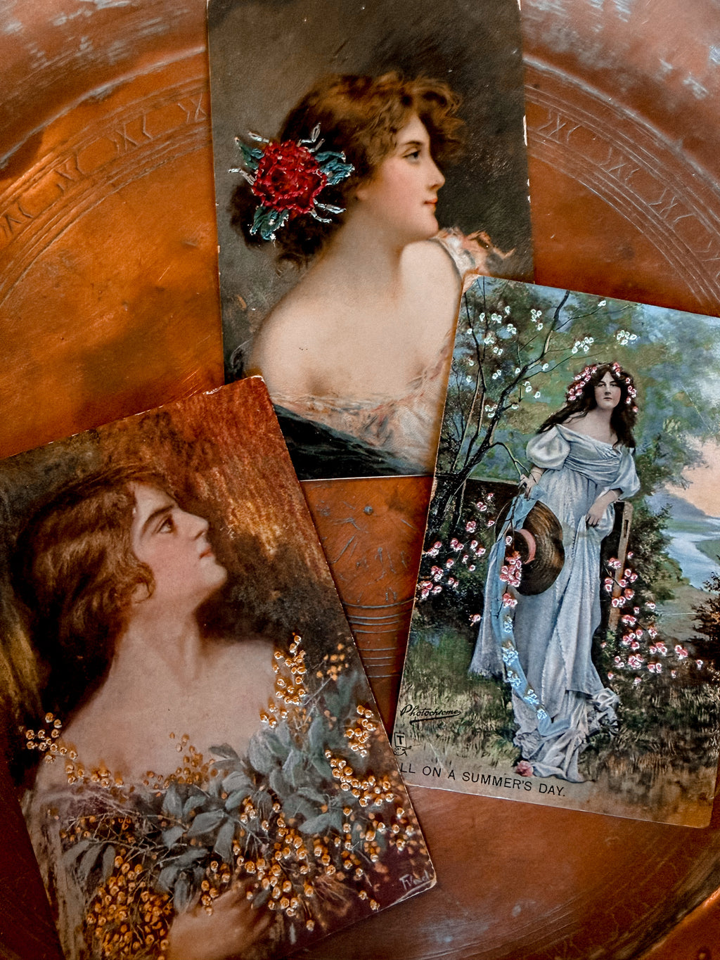 Vintage Postcard w/ Embroidered Flowers C