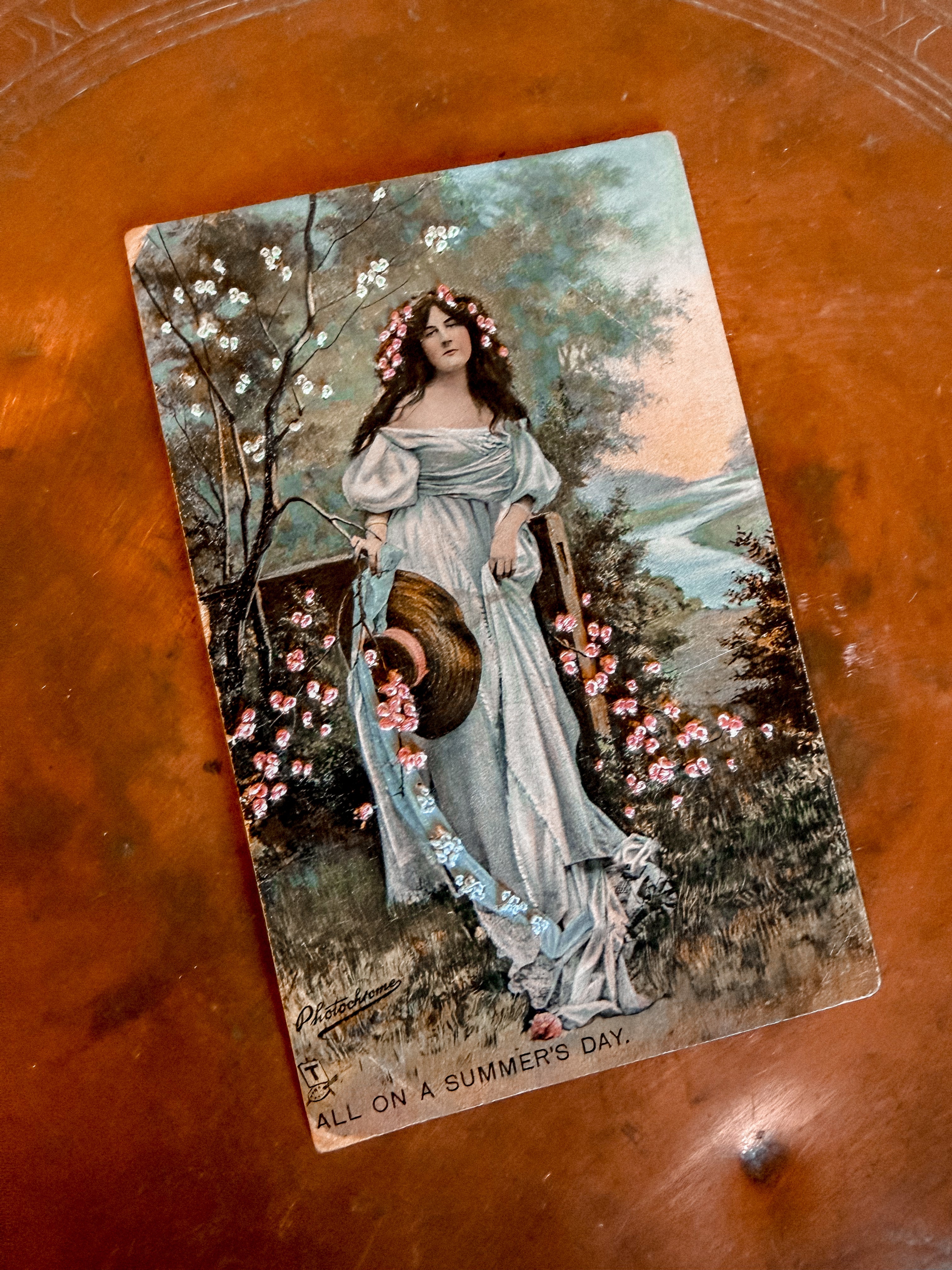 Vintage Postcard w/ Embroidered Flowers A