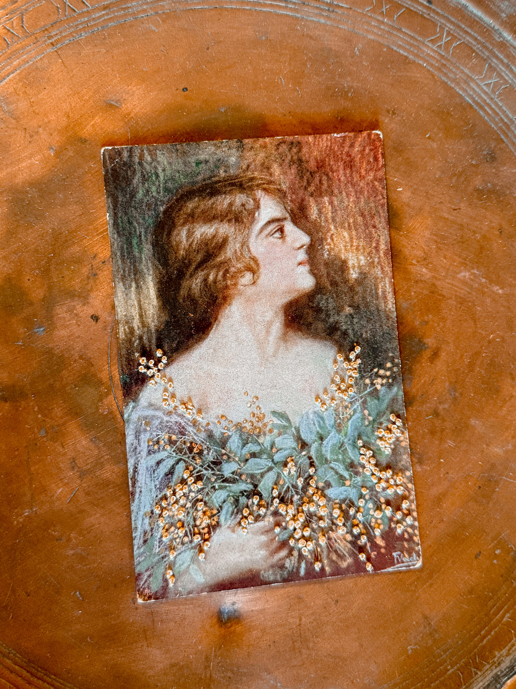 Vintage Postcard w/ Embroidered Flowers C
