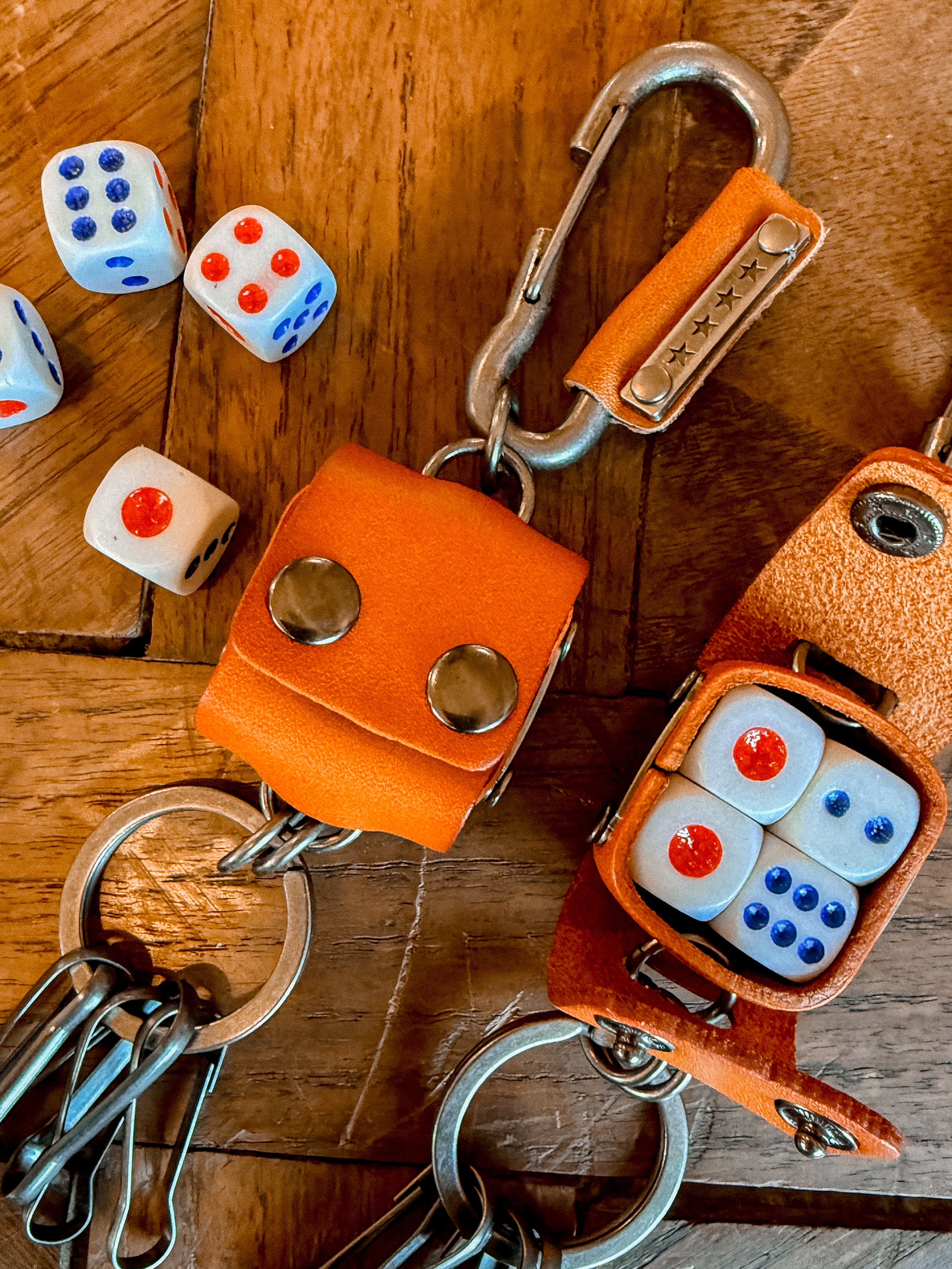 Leather Dice Holder Keychain - Camel