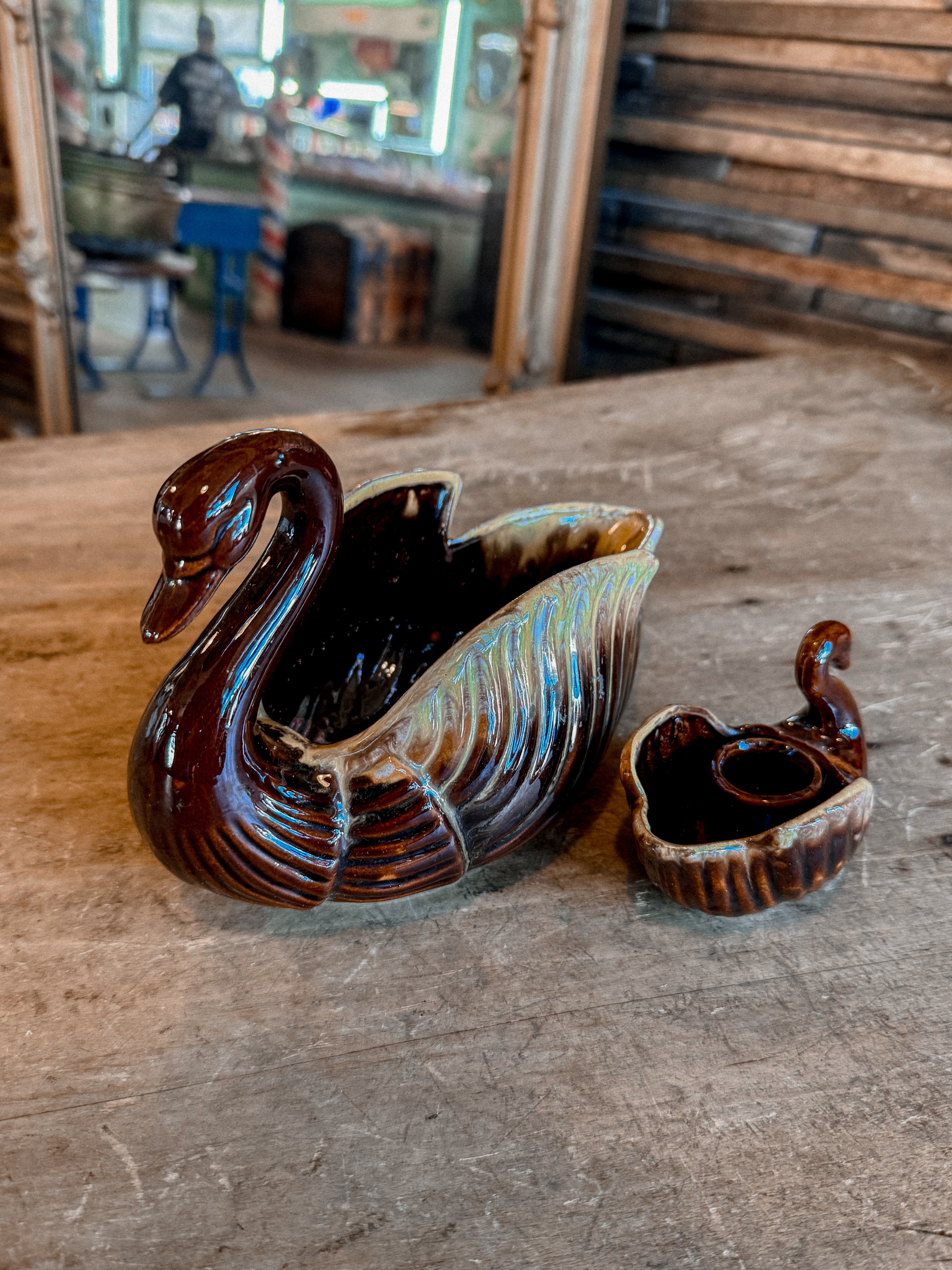 Brown Glaze Swan Planter